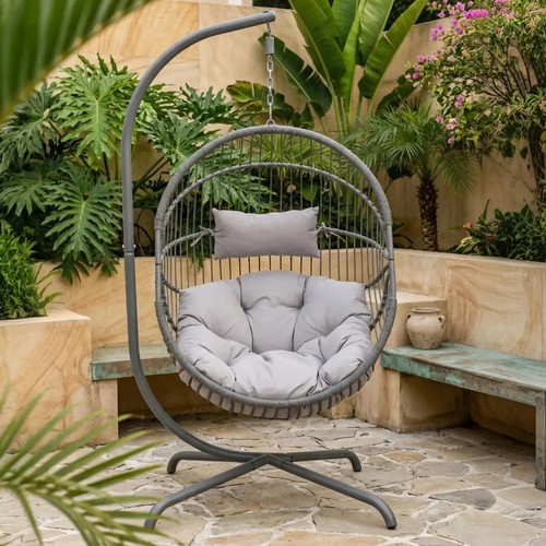 Grey rattan hanging egg chair - hanging,